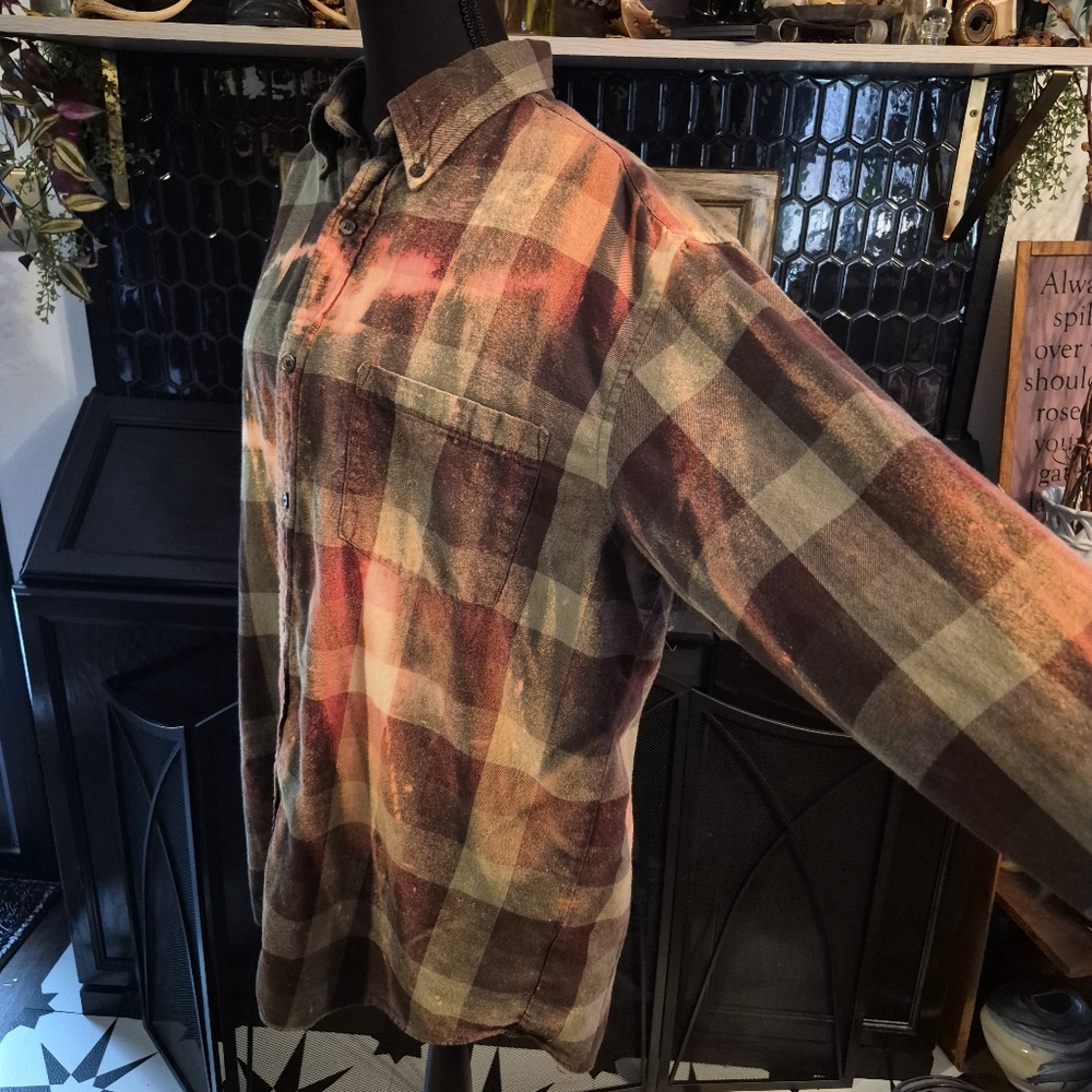 Upcycled Bleached And Distressed Flannel with Handmade Bee Patch Let It Bee - Picture 3 of 8